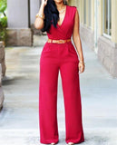 NUKTY Women Jumpsuit Lady Sleeveless Romper Bodysuit Bodycon High-waist V-neck Wide-leg Pants Irregular Suit With Belt Playsuit