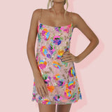 NUKTY Pink Floral Sequined Mini Dress Sexy Backless Chain Straps Low Cut Short Summer Night Club Party Out Wear