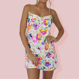 NUKTY Pink Floral Sequined Mini Dress Sexy Backless Chain Straps Low Cut Short Summer Night Club Party Out Wear