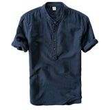 Helisopus Men Casual Cotton Linen Shirts Summer Brand Short Sleeve Shirt Mandarin Collar Solid Color Retro Shirt Tees