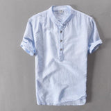 Helisopus Men Casual Cotton Linen Shirts Summer Brand Short Sleeve Shirt Mandarin Collar Solid Color Retro Shirt Tees