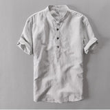 Helisopus Men Casual Cotton Linen Shirts Summer Brand Short Sleeve Shirt Mandarin Collar Solid Color Retro Shirt Tees