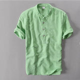 Helisopus Men Casual Cotton Linen Shirts Summer Brand Short Sleeve Shirt Mandarin Collar Solid Color Retro Shirt Tees