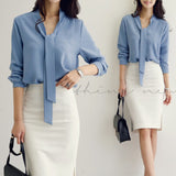 spring new long sleeve bow ribbon shirt fashion Korean shirt chiffon shirt women's top