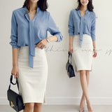 spring new long sleeve bow ribbon shirt fashion Korean shirt chiffon shirt women's top