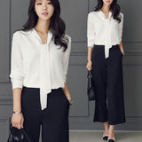 spring new long sleeve bow ribbon shirt fashion Korean shirt chiffon shirt women's top