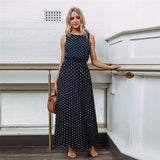 Bobo Women Dark Blue Boho Loose Sleeveless Holiday Dot Print Long Maxi Dress Evening Party Beach Dresses Summer Sundress