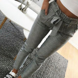 Nukty Women Pants Fashion Plaid Pleated High Waist Skinny Pencil Pants Trousers with Sash Slim Casual Fashion Outwear