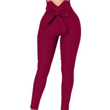 Nukty Women Pants Fashion Plaid Pleated High Waist Skinny Pencil Pants Trousers with Sash Slim Casual Fashion Outwear