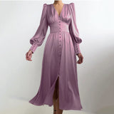 Satin Prom Women's Long Dress For Party Lantern Sleeve A-Line High Waist Slim Elegant Dresses Clothes New Year Ball Evening