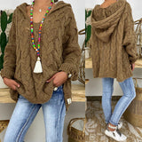 Women Autumn Solid Color Long Sleeve Braided Hooded Pullover Knitted Sweater
