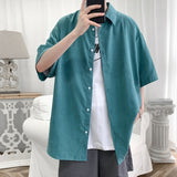 NUKTY Streetwear Shirt Men Solid Cotton Plus Size Short Sleeve Shirts Loose Summer Fashion Casual Korean Shirt Mens Tops Clothes