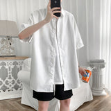 NUKTY Streetwear Shirt Men Solid Cotton Plus Size Short Sleeve Shirts Loose Summer Fashion Casual Korean Shirt Mens Tops Clothes