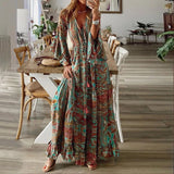 Vintage Women Autumn V Neck Party Dress Elegant Floral Printing Long Sleeve Ladies Dress Casual Loose Dress 3XL Streetwear