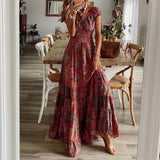 Vintage Women Autumn V Neck Party Dress Elegant Floral Printing Long Sleeve Ladies Dress Casual Loose Dress 3XL Streetwear