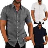Men's Casual Linen Button Down Shirt Business Chambray Shirt Button Solid Summer Loose Cotton Linen Breathable Classic Shirt