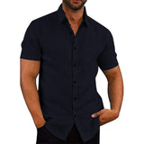 Men's Casual Linen Button Down Shirt Business Chambray Shirt Button Solid Summer Loose Cotton Linen Breathable Classic Shirt