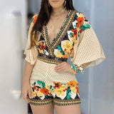 Women's Jumpsuit Casual Summer Floral Printed Playsuit Women Rompers 3/4 Sleeve Backless Playsuit Women Clothes