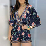 Women's Jumpsuit Casual Summer Floral Printed Playsuit Women Rompers 3/4 Sleeve Backless Playsuit Women Clothes