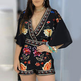 Women's Jumpsuit Casual Summer Floral Printed Playsuit Women Rompers 3/4 Sleeve Backless Playsuit Women Clothes