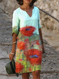 New Woman Vintage Floral Print Dress Summer Fashion Slim V-Neck Half Sleeve Midi Dresses Female Elegant A-Line Beach Dress