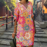 New Woman Vintage Floral Print Dress Summer Fashion Slim V-Neck Half Sleeve Midi Dresses Female Elegant A-Line Beach Dress