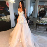 Off Shoulder Champagne Wedding Dresses 3D Ivory Appliques A Line Sweetheart Lace Corset Back Brides Married Gowns Formal