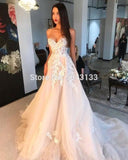 Off Shoulder Champagne Wedding Dresses 3D Ivory Appliques A Line Sweetheart Lace Corset Back Brides Married Gowns Formal