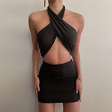 Halter Sexy Backless Mini Dress Women Bandage Solid Summer Cut Out Ruched Drawstring Night Club Party Dress Bodycon Beach Dress