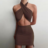 Halter Sexy Backless Mini Dress Women Bandage Solid Summer Cut Out Ruched Drawstring Night Club Party Dress Bodycon Beach Dress