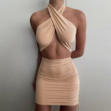 Halter Sexy Backless Mini Dress Women Bandage Solid Summer Cut Out Ruched Drawstring Night Club Party Dress Bodycon Beach Dress