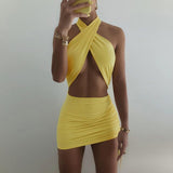 Halter Sexy Backless Mini Dress Women Bandage Solid Summer Cut Out Ruched Drawstring Night Club Party Dress Bodycon Beach Dress