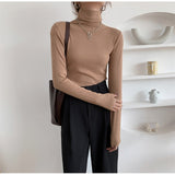 Autumn Women Pullover Tops Female Knitted Sweaters Solid Concise Turtleneck Elasticity Elegant Office Lady Casual All Match