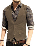 Army Green Mans Suit Vest Waistcoat V Neck Wool Herringbone Tweed Waistcoat Jacket Slim Fit Gilet Casual Groomman For Wedding