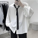 Nukty Black Long-sleeved Shirts Men Korean Comfortable Blouses Casual Loose Single Breasted Shirt With Tie