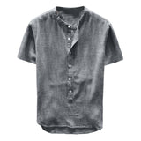 Mens Collarless Henley Short Sleeve Shirts Breathable Button Top Lightweight Summer Shirts Cotton Linen Breathable Solid color