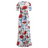 Vintage Floral Print Short Sleeve Long Dress Summer Casual Slim Women New Elegant Belt Bodycon Party Robe Holiday Maxi Vestidos