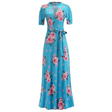 Vintage Floral Print Short Sleeve Long Dress Summer Casual Slim Women New Elegant Belt Bodycon Party Robe Holiday Maxi Vestidos