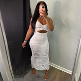 hirigin Woman Cut Out Pleated Maxi Dress Woman Halter Lace Up Backless Ruched Slim Elegant Hem Split Solid Sexy Party Midi Dress