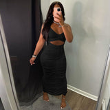 hirigin Woman Cut Out Pleated Maxi Dress Woman Halter Lace Up Backless Ruched Slim Elegant Hem Split Solid Sexy Party Midi Dress