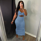 hirigin Woman Cut Out Pleated Maxi Dress Woman Halter Lace Up Backless Ruched Slim Elegant Hem Split Solid Sexy Party Midi Dress