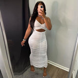 hirigin Woman Cut Out Pleated Maxi Dress Woman Halter Lace Up Backless Ruched Slim Elegant Hem Split Solid Sexy Party Midi Dress