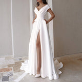 New Summer Lady Sexy V-Neck Solid Slit evening gown Simple Elegant Dress