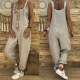 NUKTY Women Vintage Sleeveless Dungarees Jumpsuits Summer Pocket Overalls Playsuits Female Solid Casual Loose Oversize Long Rompers