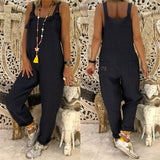 NUKTY Women Vintage Sleeveless Dungarees Jumpsuits Summer Pocket Overalls Playsuits Female Solid Casual Loose Oversize Long Rompers