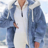 Winter Women's Jacket Plush Patchwork Zipper Pocket Hooded Jacket Fur Woman Coat Plus Size Thick Warm Women Top Winter Outerwear