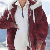 Winter Women's Jacket Plush Patchwork Zipper Pocket Hooded Jacket Fur Woman Coat Plus Size Thick Warm Women Top Winter Outerwear