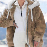 Winter Women's Jacket Plush Patchwork Zipper Pocket Hooded Jacket Fur Woman Coat Plus Size Thick Warm Women Top Winter Outerwear