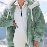 Winter Women's Jacket Plush Patchwork Zipper Pocket Hooded Jacket Fur Woman Coat Plus Size Thick Warm Women Top Winter Outerwear