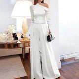 Fashion Jumpsuit Woman Long Sleeve Bodycon Tops&long Pants White Women Rompers Elegant Plus Size Wide Leg Flared Pants Jumpsuit